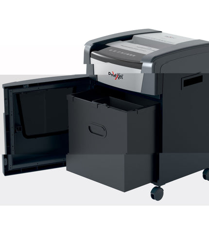 Rexel Momentum Extra XP512+ paper shredder for office use, compact design with metal cutting blades and paper slot.