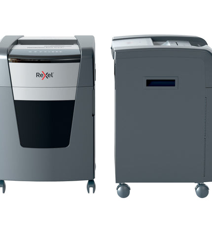 Rexel Momentum Extra XP512+ paper shredder with metal cutting blades and control panel for office use.