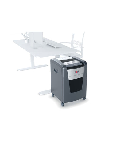 Rexel Momentum Extra XP512+ paper shredder for office use, compact design with metal blades and control panel for secure document disposal.