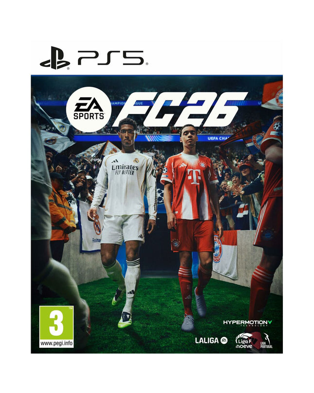 Sony PlayStation 5 gaming console with EA Sports FC 26 video game cartridge, modern electronic plug-and-play entertainment device