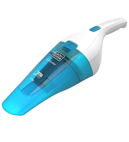 Black & Decker cyclonic handheld vacuum cleaner with 0.38L capacity, black and white, compact design, in action for cleaning.