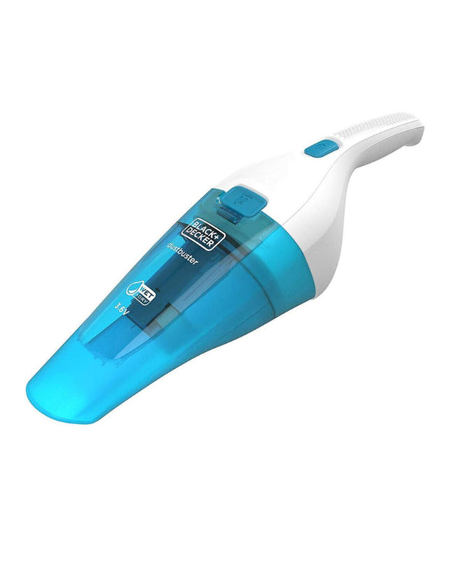 Black & Decker cyclonic handheld vacuum cleaner with 0.38L capacity, black and white, compact design, in action for cleaning.