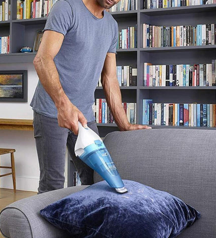 Black & Decker Cyclonic Hand Vacuum cleaner with 0.38L capacity, low noise, and 7W power, ideal for home cleaning.