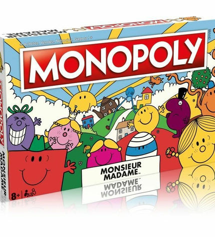 Winning Moves Monopoly Monsieur Madame board game with colorful game pieces and illustrated characters on the box.