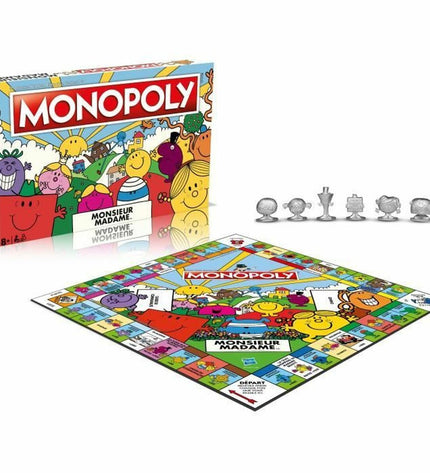 Winning Moves Monopoly Monsieur Madame board game, colorful game components and box showing Monopoly branding and Monsieur Madame characters.