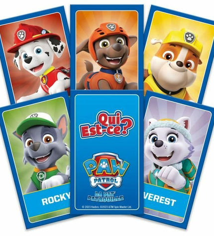 Winning Moves La pat'patrouille qui est-ce? board game, colorful cartoon characters, game components on a table.