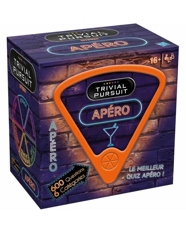 Trivial Pursuit Apéro trivia game with question and answer cards, colorful game pieces, and game board for fun social play