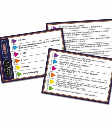Trivial Pursuit Apéro game with question and answer cards, fun family game from Trivial Pursuit for social gatherings.