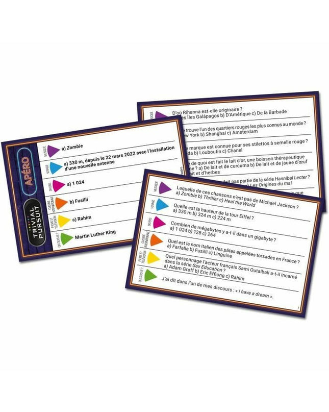 Trivial Pursuit Apéro game with question and answer cards, fun family game from Trivial Pursuit for social gatherings.