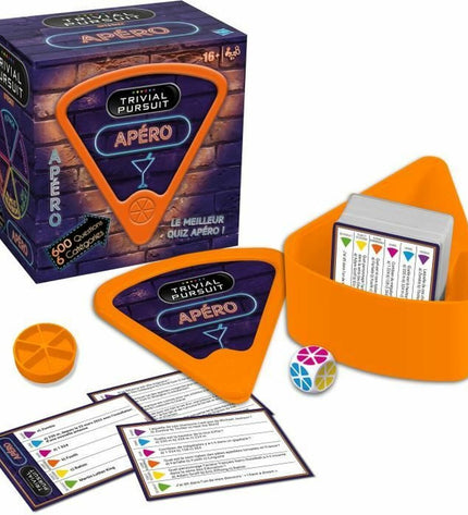 Trivial Pursuit Apéro trivia game with questions and answers, featuring colorful game pieces and question cards for fun social play.