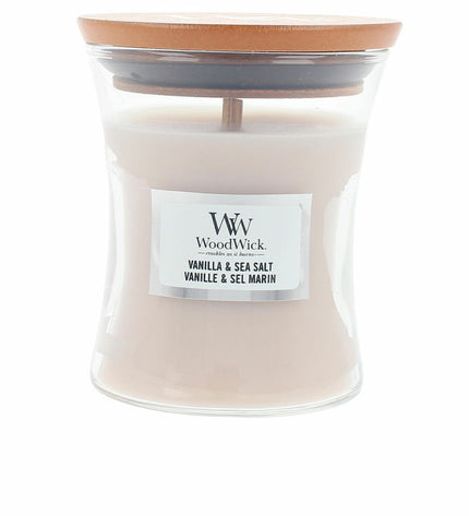 Woodwick Vela air freshener in 85g wooden container, house decor for freshening home spaces.