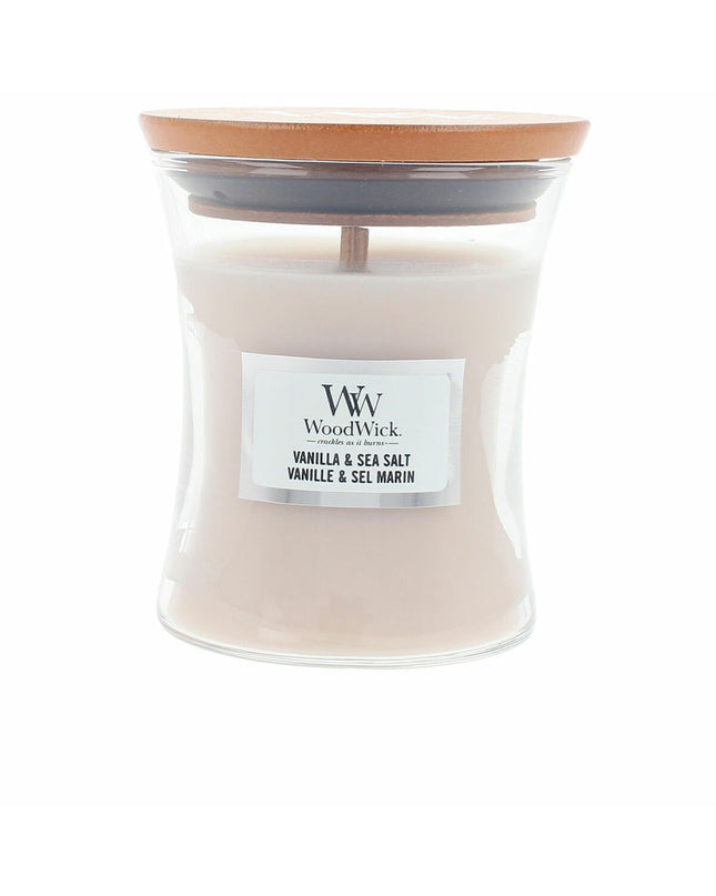 Woodwick Vela air freshener in 85g wooden container, house decor for freshening home spaces.