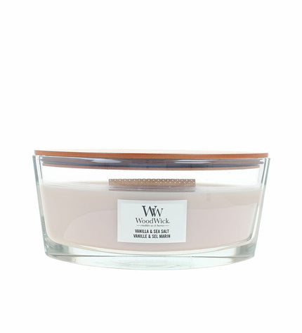 Woodwick Woodwick scented candle in a glass jar with a wooden lid, ideal for home decor and cozy ambiance.