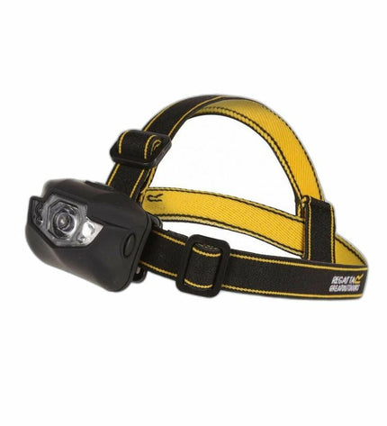 Regatta Cree 5-LED black headlamp for outdoor activities, camping, and hiking, with adjustable strap and bright LED lights.