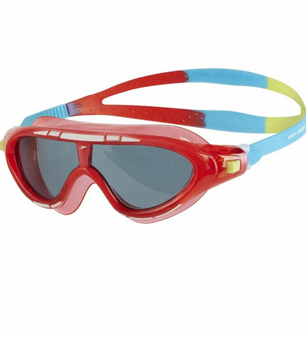 Colorful Speedo Biofuse Rift kids swimming goggles for watersport, featuring multicolour design and adjustable strap.