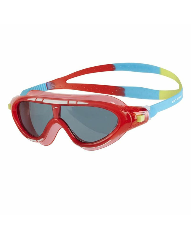 Colorful Speedo Biofuse Rift kids swimming goggles for watersport, featuring multicolour design and adjustable strap.