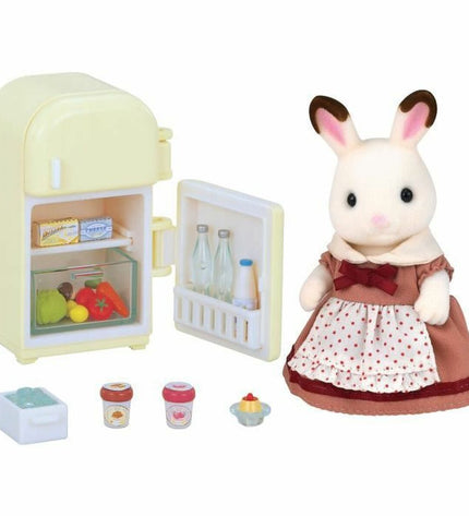 Sylvanian Families Mom Rabbit chocolate action figure standing next to a miniature refrigerator, detailed toy for kids and collectors