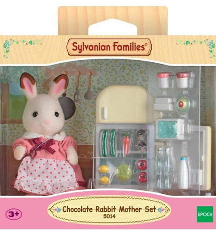 Sylvanian Families Mom Rabbit chocolate figure with refrigerator toy set, detailed collectible doll and accessories in a play scene.