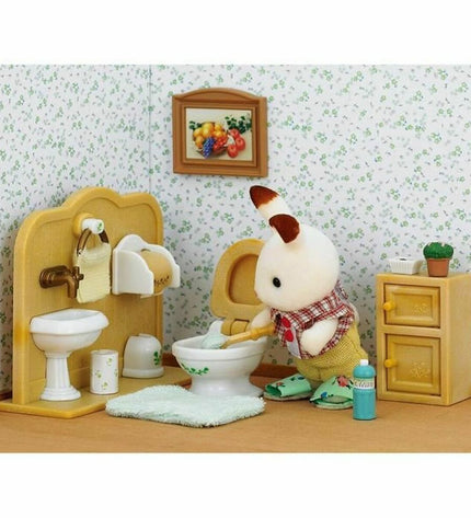 Sylvanian Families Chocolate Rabbit and toilet set, play figurines and accessories for imaginative toy play.