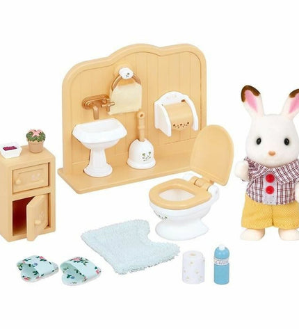 Sylvanian Families Chocolate Rabbit action figure with toy toilet set, part of Sylvanian Families playset for children.