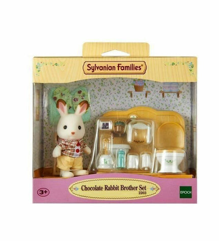 Sylvanian Families Chocolate Rabbit and Toilet Set toy figures with miniature bathroom accessories, suitable for children's play.