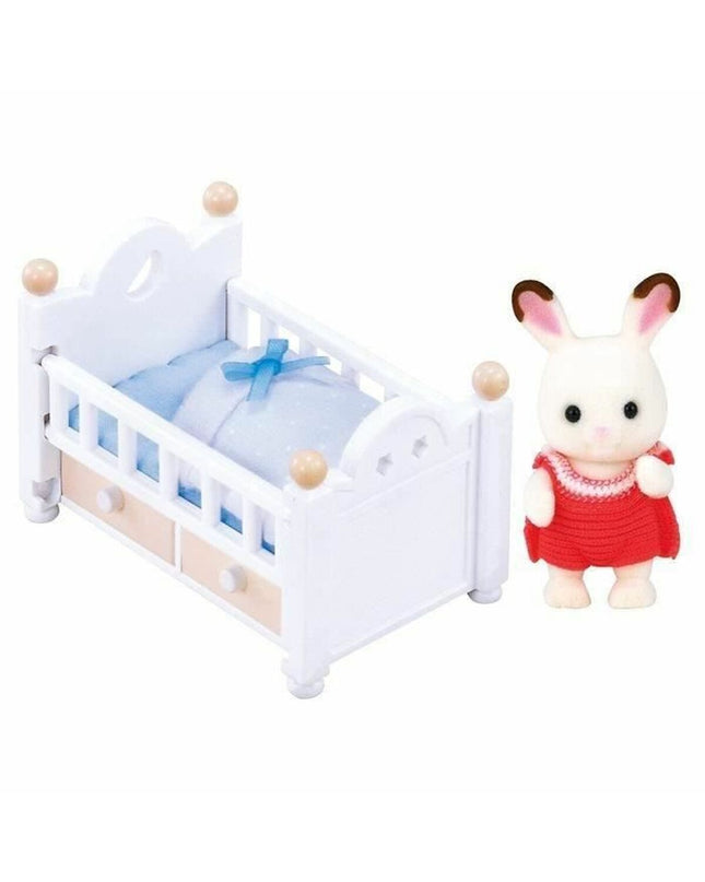 Sylvanian Families Baby Rabbit Chocolate Bed action figure toy, detailed miniature playset for children and collectors