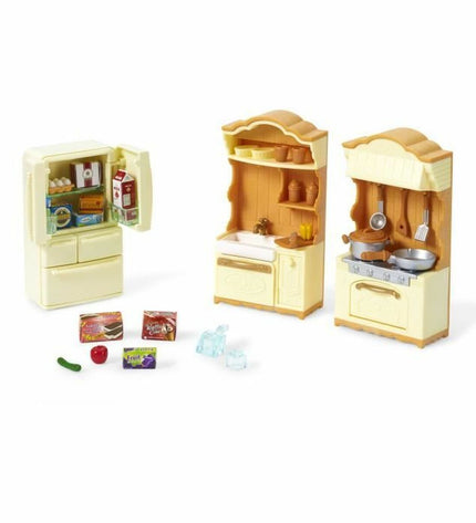 Sylvanian Families Fitted Kitchen playset with miniature furniture and accessories for dollhouse and action figure play.