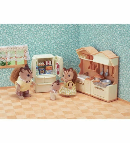 Sylvanian Families Fitted Kitchen playset with miniature kitchen furniture and accessories for dollhouse figurines.