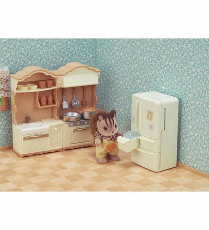 Sylvanian Families Fitted Kitchen playset with miniature furniture and accessories for dollhouse role-playing.