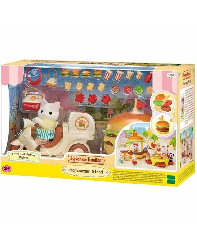 Sylvanian Families Papa Latte Cat action figure with burger stand and scooter, includes 30 pieces of playful toy set.