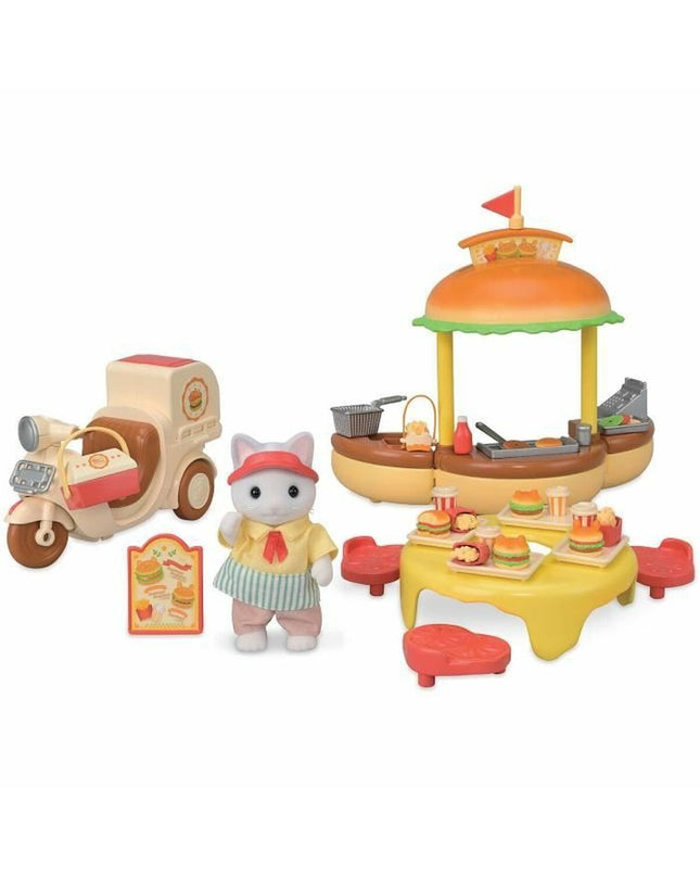 Sylvanian Families Papa Latte Cat action figure with hamburger stand and scooter, including 30 playset pieces for kids' toy fun.