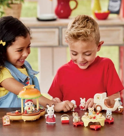 Sylvanian Families Playset with Papa Latte Cat figure, scooter, and 30 burger-themed accessories for imaginative pretend play.
