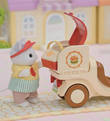 Sylvanian Families Papa Latte Cat action figure with burger stand and scooter, featuring 30 playset pieces for imaginative play.