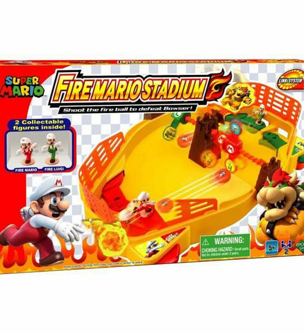 Super Mario Fire Mario Stadium board game with colorful game pieces and box, featuring Super Mario branding and vibrant design.