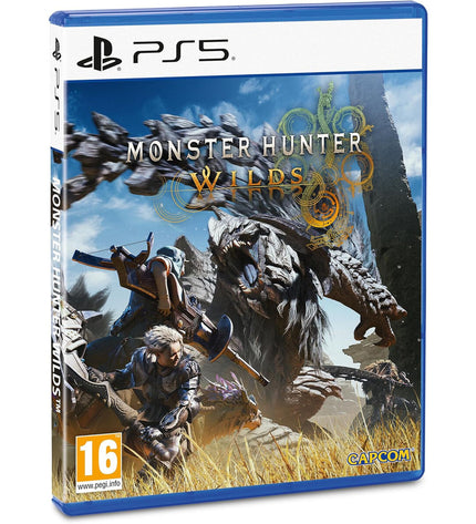 Sony PlayStation 5 console with Monster Hunter Wilds video game case, showcasing the game cover art and console design.