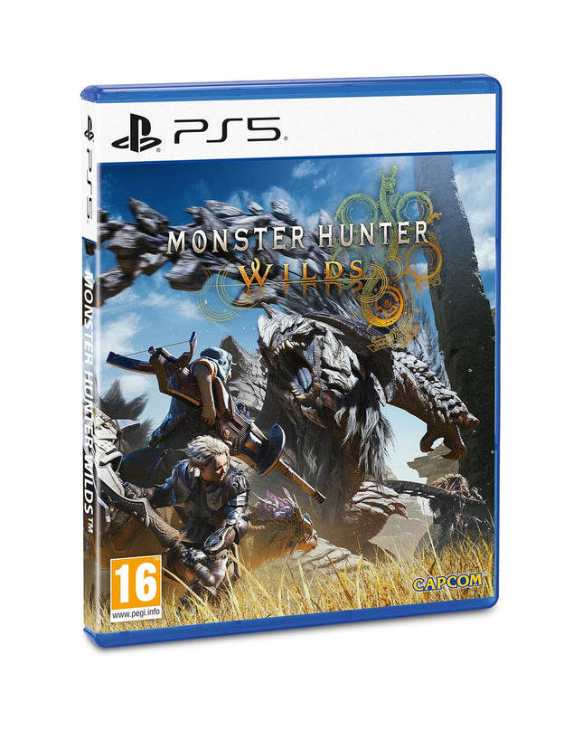 Sony PlayStation 5 console with Monster Hunter Wilds video game case, showcasing the game cover art and console design.