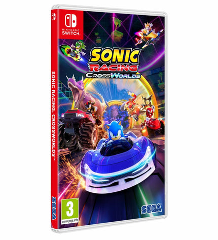 SEGA Sonic Racing CrossWorlds Switch videogame cartridge for Plug & Play console, featuring Sonic characters and racing scenes.