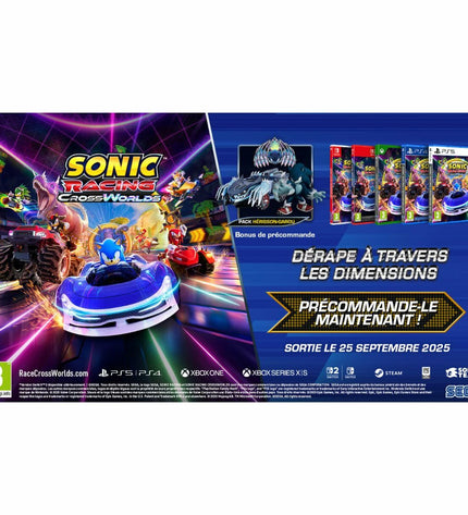 SEGA Sonic Racing CrossWorlds Switch videogame cartridge for plug and play electronic game console, featuring Sonic characters and racing scene