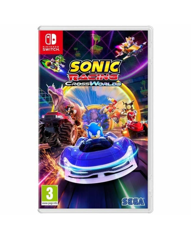 SEGA Sonic Racing CrossWorlds Switch game cartridge for electronic plug-and-play console, featuring Sonic the Hedgehog characters.