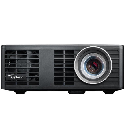 Optoma projector with WXGA resolution, 700 lumens brightness, compact design, showing front view of the electronic device.