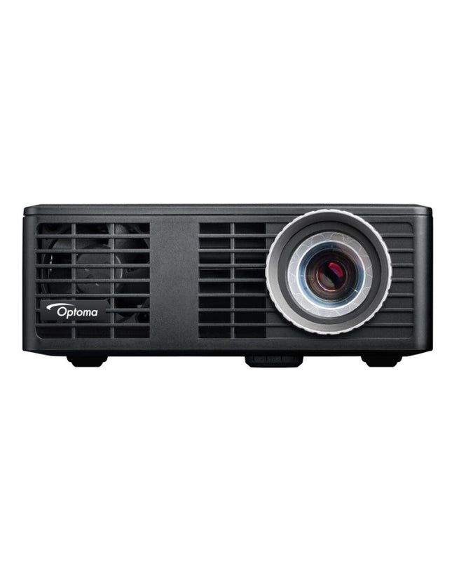 Optoma projector with WXGA resolution, 700 lumens brightness, compact design, showing front view of the electronic device.