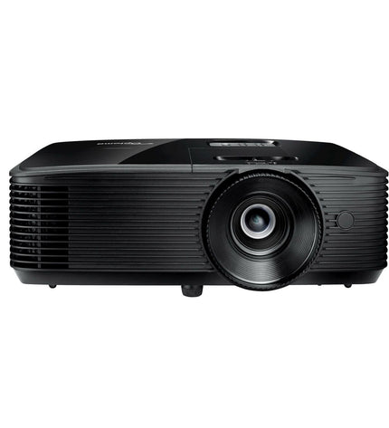Optoma HD28e projector showing a bright, clear image on a screen with sleek black design in a home theater setup