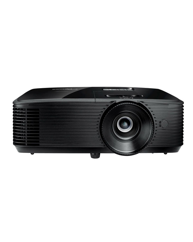 Optoma HD28e projector showing a bright, clear image on a screen with sleek black design in a home theater setup