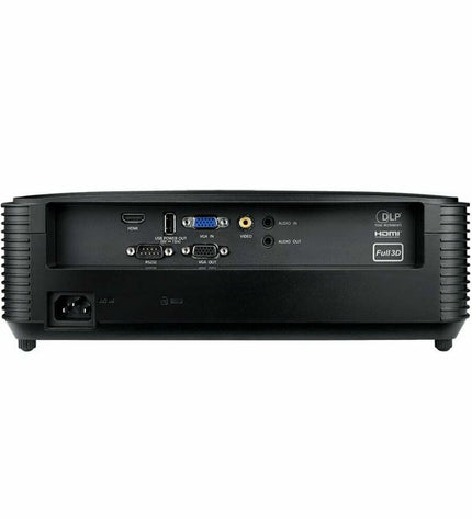 Optoma E9PX7D701EZ1 projector displaying a bright image with 4000 lumens, black rectangular electronic device on a wooden surface