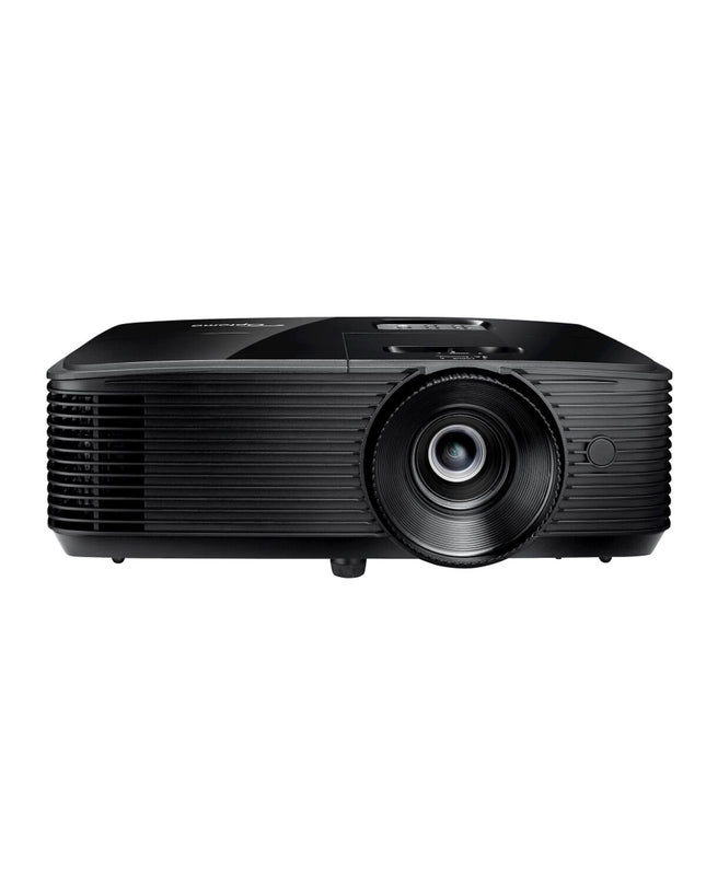 Optoma E9PX7D601EZ1 projector in a home theater setup displaying a vibrant movie scene on a wall.