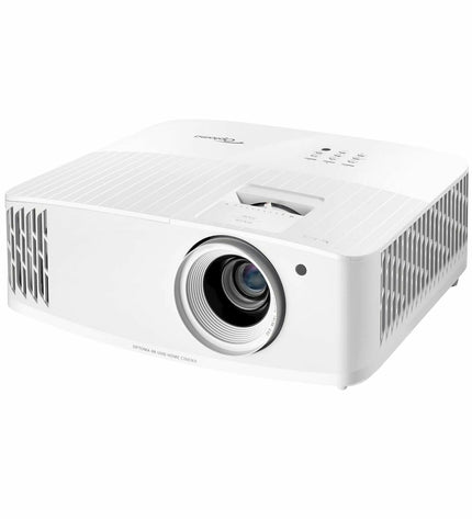 Optoma UHD38X 4K projector with 4000 lumens displaying vibrant images in a home theater setup.