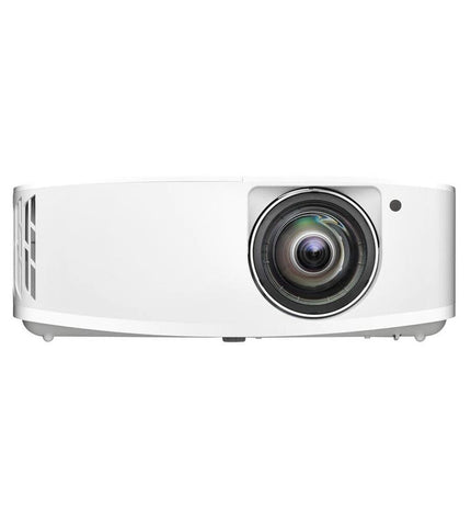 Optoma E9PV7KJ01EZ1 3600 lumens 4K projector showing a vibrant image on a home theater screen in a dark room