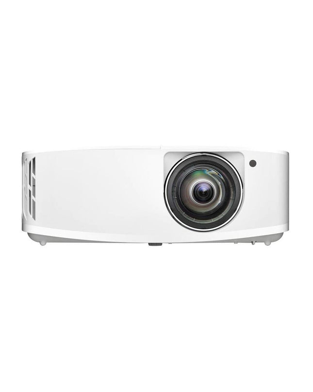Optoma E9PV7KJ01EZ1 3600 lumens 4K projector showing a vibrant image on a home theater screen in a dark room