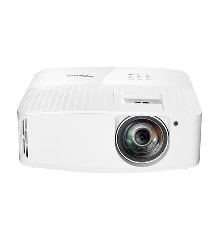 Optoma E9PV7KJ01EZ1 3600 lumens 4K projector showing front view in a home theater setup.