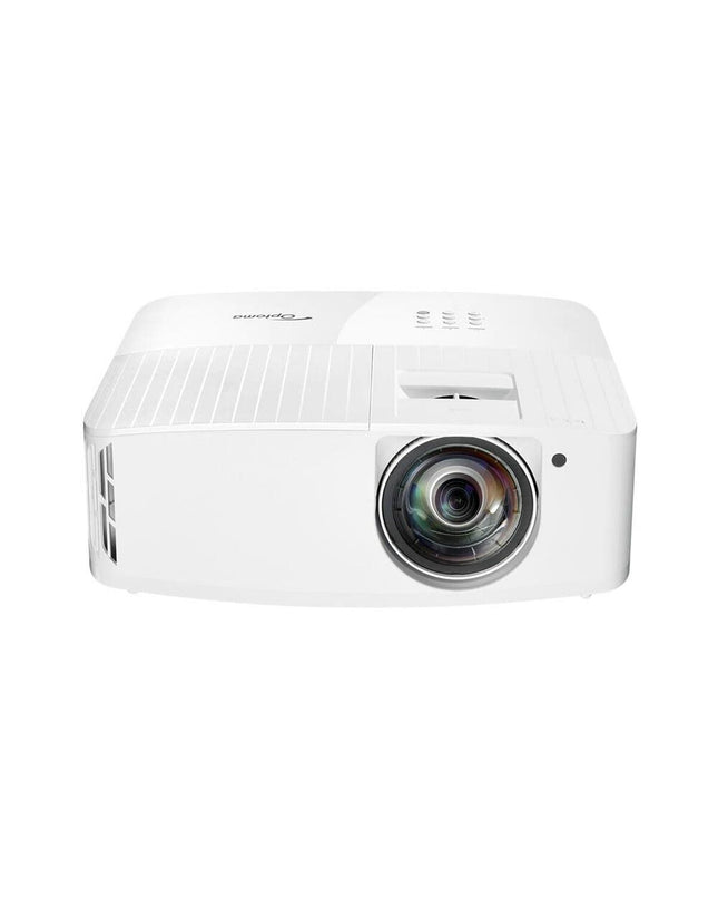 Optoma E9PV7KJ01EZ1 3600 lumens 4K projector showing front view in a home theater setup.